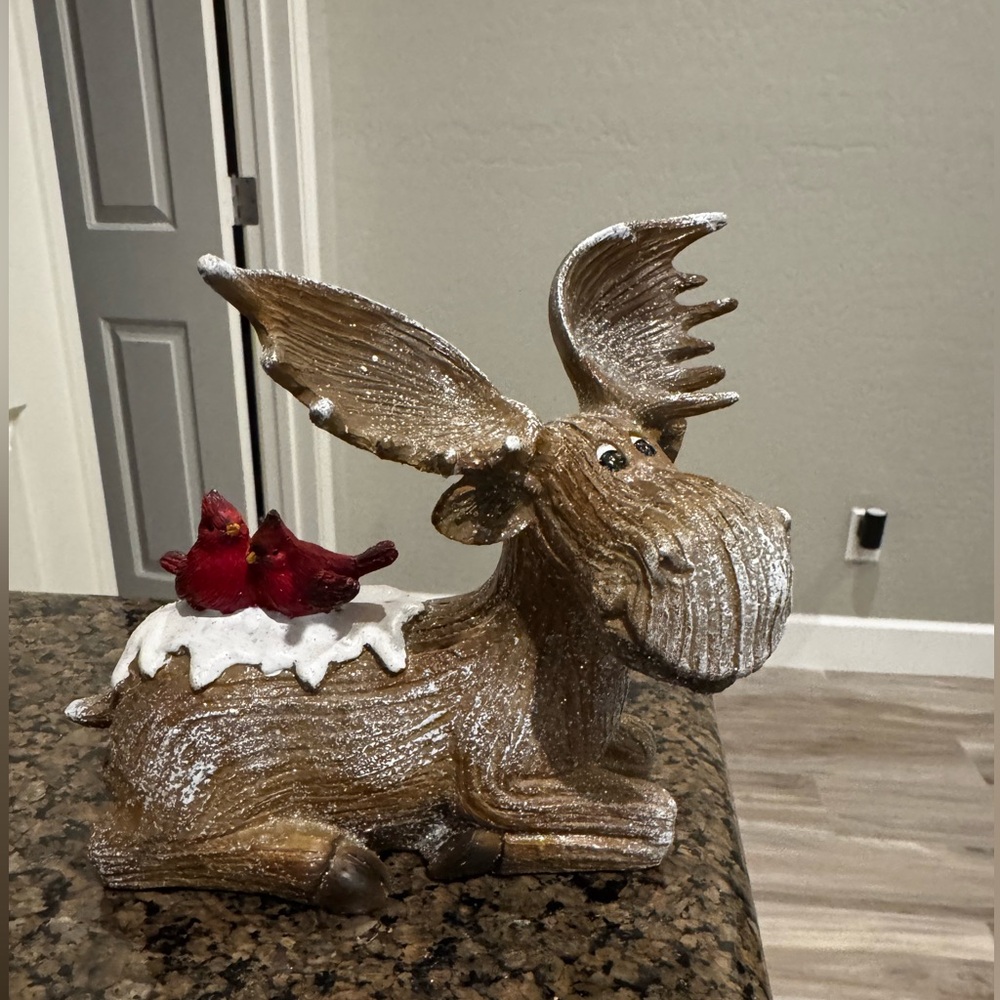 Festive Brown Moose Winter/Christmas Figurine with Red Cardinals